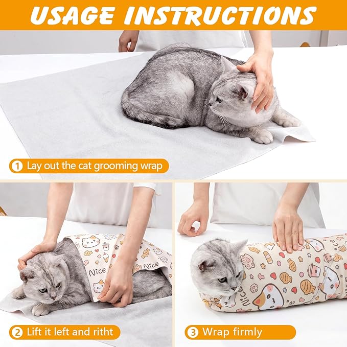 31.5 In Cat Grooming Wrap Self-Adhesive, Cat Wrap for Cutting Nails, Orange Anti-Escape Cat Restraint for Nail Clipping Cat Swaddle Wrap Cat Wrapping Cloth for Pet Cleaning and Beauty (Within 22lbs)