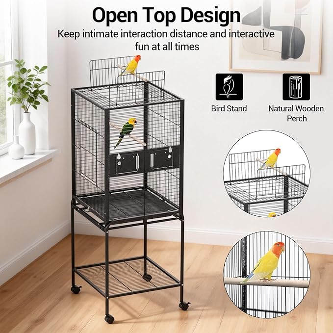 63 Inch Bird Cage with Wooden Perches, Standing Wrought Iron Birdcage Large Parrot Flight Bird Cage with Rolling Stand Birdcages for Cockatiels African Grey Quaker Lovebird Canary Budgie Finch Black