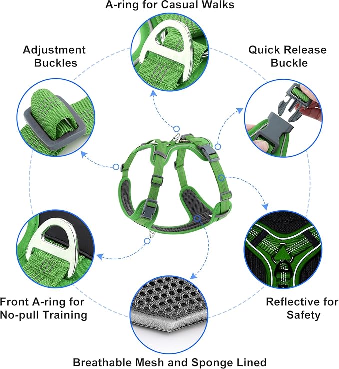 Plutus Pet No Pull Dog Harness, Release at Neck, Soft Padded, Reflective Adjustable Dog Vest Harness for Small, Medium, Large Dogs(Green, M)
