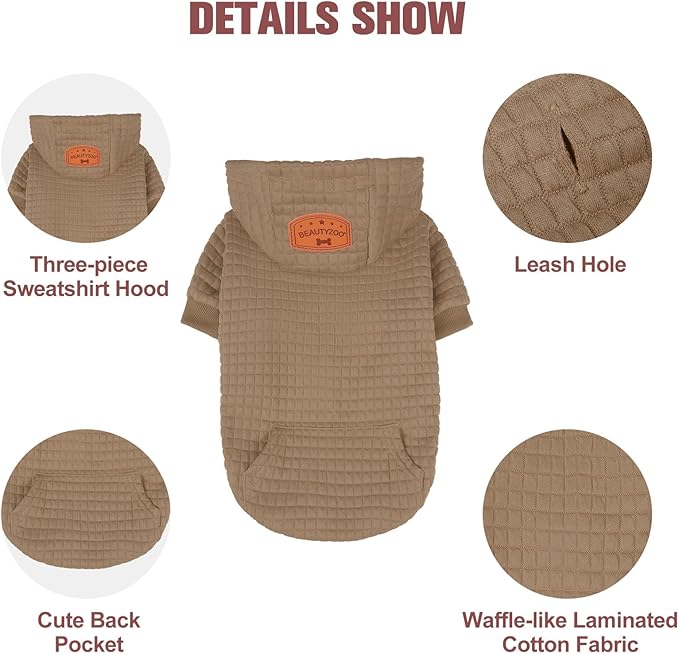 BEAUTYZOO Small Dog Hoodie Sweater with Pockets, Dog Clothes for Small Medium Dogs Boy Girl, Waffle-Like Laminated Cotton Pet Coats with Hat and Leash Hole, Khaki S