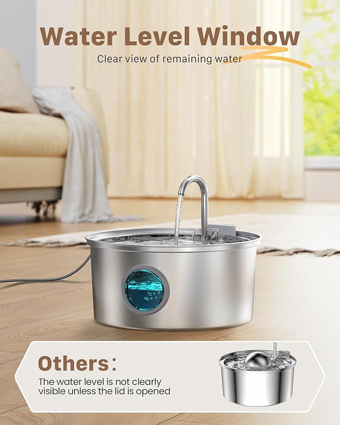 Stainless Steel Cat Fountain - 108oz/3.2L Pet Fountain for Cats Indoor - Quiet - Contains 8 Filters + 8 Sponges