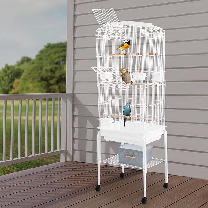 54 inch Metal Bird Cage,Large Parakeet Cages for Parrot,Cockatiel, Lovebird,Birdcage with Wheels,Roof Top,Storage Shelf (White)