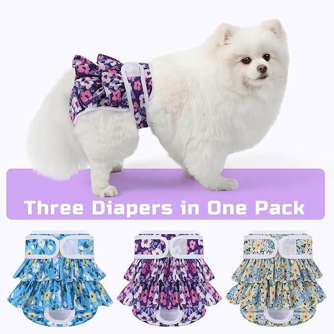 Reusable Dog Diapers Female 3 Pack Doggie Diapers for Period Heat Incontinence Puppy Training (Medium, PurpleFlower)