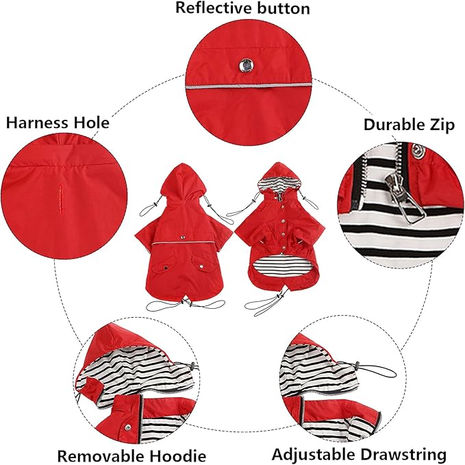 Morezi Dog Zip Up Raincoat with Reflective, Rain/Water Resistant, Adjustable Drawstring, Removable Hood, Raincoats with Legs 8lbs to 80lbs Available - Red - M