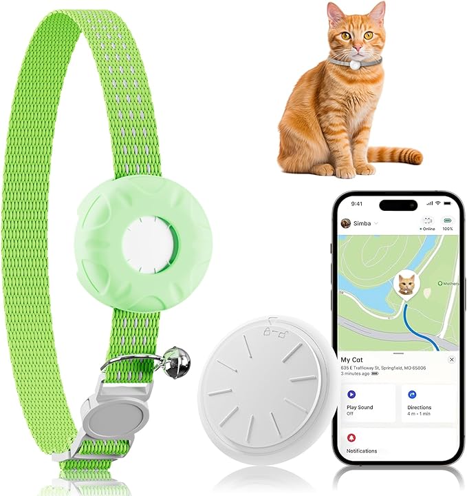 Cat Tracker, GPS Tracker, Compatible with Apple Find My App(Only iOS), Waterproof Pet Tracker with Safety Elastic Buckle, No Monthly Fee Cat Tracker Collar, Works with Any Collar (Green)