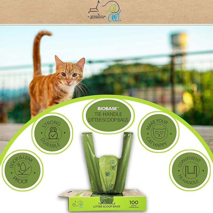 Greenbone Biobase Cat Litter Bags Lavendar Scented Tie-Handle Litter Box Bags - 100 Pet Waste Bags - Large 14 Inch x 7.5 Inch