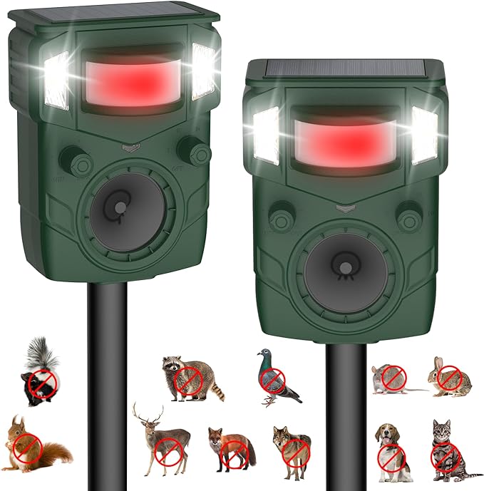 Solar Ultrasonic Animal Repellent, Multi-Modes Deer Repellent Devices,Cat Deterrent Outdoor, Squirrel Raccoon Dog Deterrent with Motion Sensor & Ultrasonic Waves for Garden Yard 2PC Green