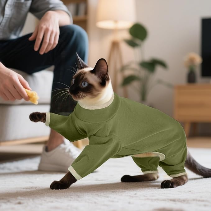 DENTRUN Cat Clothes for Hair Control with Hair Sticky Fabric - Soft Recovery Suit & Breathable Lint-Resistant Cat Sweater for Cats Only, Kitten Onesie Pajamas, M, Army Green