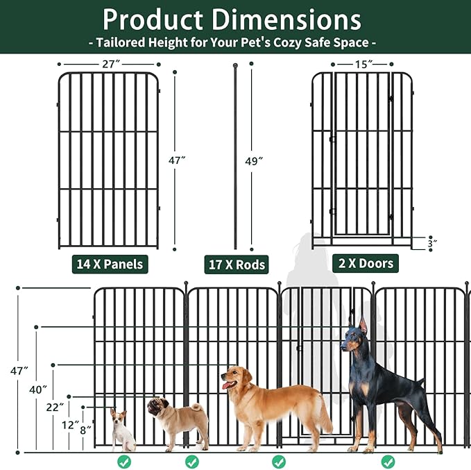 Metal Dog Playpen 47" 16 Panels with 2 Doors for Medium Large Dogs, Indoor Outdoor Exercise Pen for Yard RV Camping, Thickened Steel Tube, Gravity Lock & Ball Head Iron Rods
