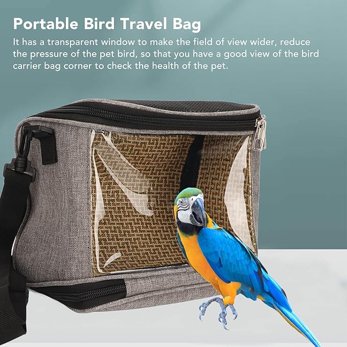 Transparent Bird Carrier Bag, Portable Parrot Travel Cage for Cockatiels and Parakeets, Lightweight Breathable Backpack with Side Pockets and Top Vent Design for Small Birds (Grey)