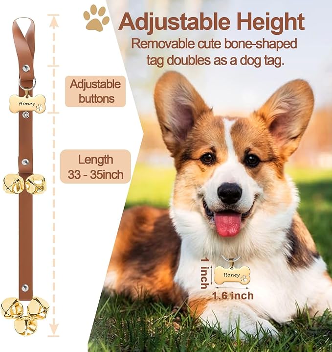 Leather Dog Bells, Puppy Potty Training Bell Dog Doorbell Potty Train Dog Bell for Potty Training Door Bells for Dogs to Ring to Go Outside Jingle Bells (Leather Brown, Bone New 1 PCS)