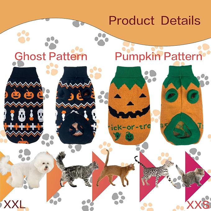 Vehomy 2Pcs Pet Halloween Sweaters Dog Halloween Pumpkin Sweater Kitten Cat Holiday Theme Turtleneck Knitwear Shirt with Pumpkin Skull Patterns Dog Puppy Halloween Costume Clothes for Small Dogs XXL