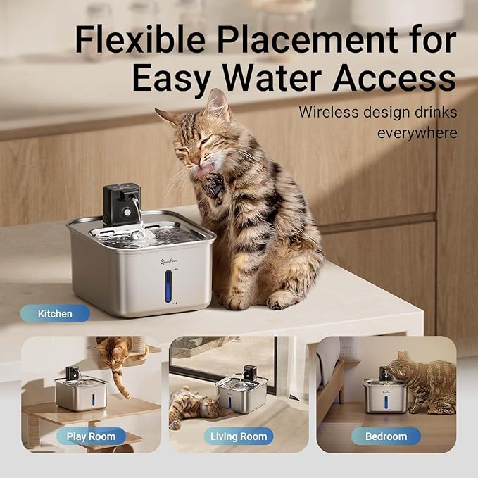 DownyPaws Cat Water Fountain Stainless Steel Wireless, 101 oz/3L FurSink Cordless Water Fountain for Cats, Battery Operated Cat Fountains for Drinking with Motion Sensor, Easy Clean, Metal