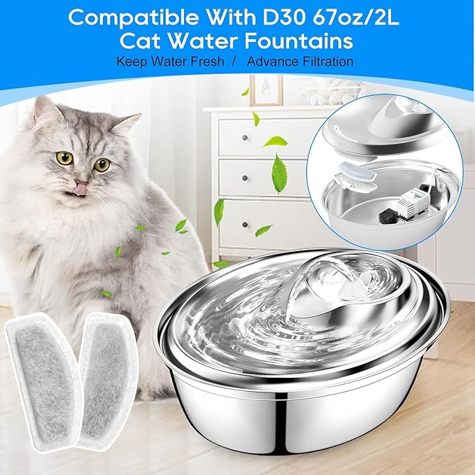 Cat Water Fountain Filter, Compatible with ORSDA D30 67oz/2L Stainless Steel Pet Water Fountains, 16 Pack Cat Fountain Filter & 8 Pack Replacement, with Three-Stage Resin Filtration System