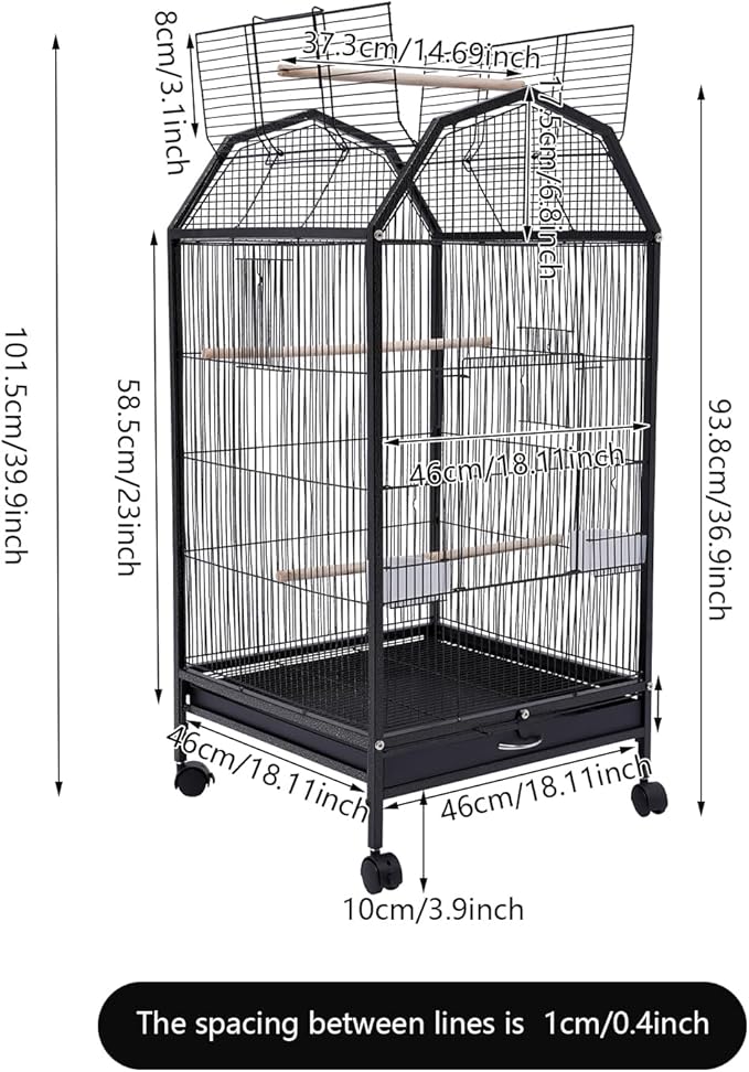 40inch Bird Cage with Rolling Wheels, Open-Top Parrot Cage Sturdy Iron Pet Bird Flight Cage Large Birdcage for Parrots Cockatiels Conure Budgie Canary (Black)