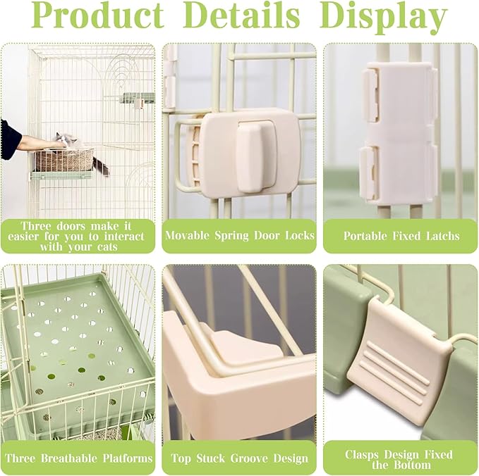 Hamiledyi Large Cat Cage 52 Inch Detachable Kennel with 3 Platforms and 1 Ramp Ladders Green Pet Playpen with 3 Doors Indoor Cat Enclosure for Small and Medium Animals