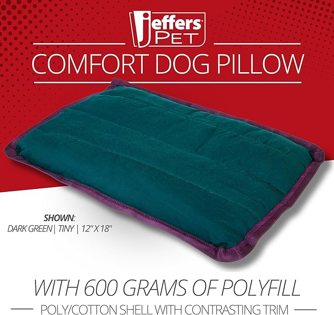Jeffers Pet Comfort Dog Pillow, Tiny 12" x 18", Dark Green – Machine Washable Dog Bed for House, Sofa, Crate & Travel – Poly Cotton Shell, Winter Warmth, Soft, Comfy, Durable, Top Pet Bedding