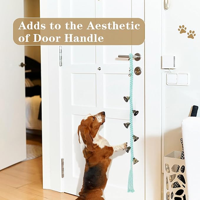 Dog Bell for Door Potty Training, Cotton Handwoven Dog Doorbell with 6 Extra Loud Bells for Dog Training, Adjustable Hanging Door Bell for Small Medium Large Dogs to Ring to Go Outside, LightGreen