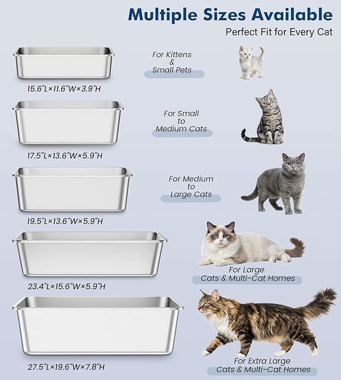 Stainless Steel Metal Litter Box, Extra Large Cat Litter Box with High Sides, Odor-Free, Non-Stick, Easy to Clean, 23.4"×15.6"×7.8", Ideal for Large Cats & Multi-Cat Households, Litter Tray