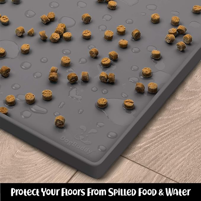 DogBuddy Dog Food Mat – Waterproof Dog Bowl Mat for Food and Water, Silicone Pet Feeding Mats For Floors, Non-Slip Placemat with High Edges For Dogs Bowls, Puppy Essentials (XS: 11" x 11", Shadow