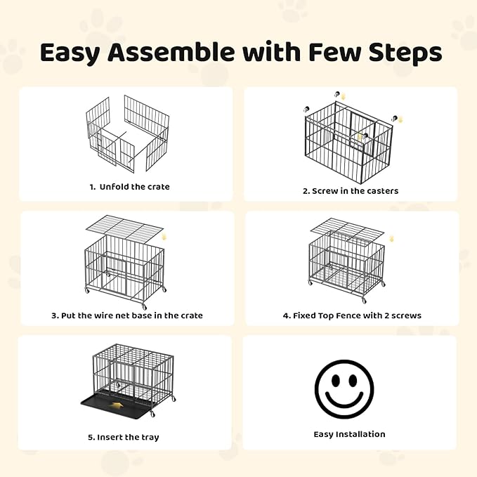 48 Inch Heavy Duty Dog Crate, Indestructible Escape-Proof Dog Kennel for High Anxiety Large Dogs, Strong Metal Pet Cage with Double Doors, Lockable Wheels & Removable Tray, XL XXL XXXL