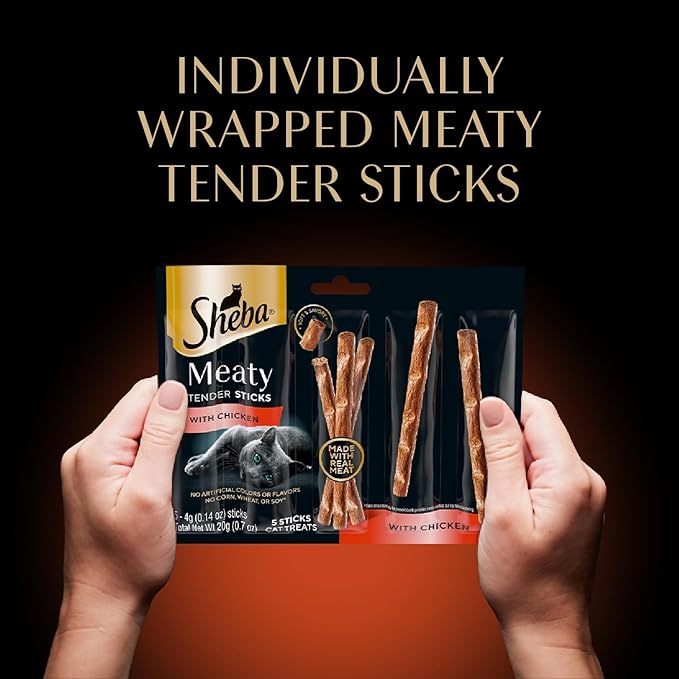 Sheba Meaty Tender Sticks Chicken Cat Treats, Chicken Flavor, Cat Snacks, 0.14 oz., 15 Count, Pack of 10 (150 Sticks Total)