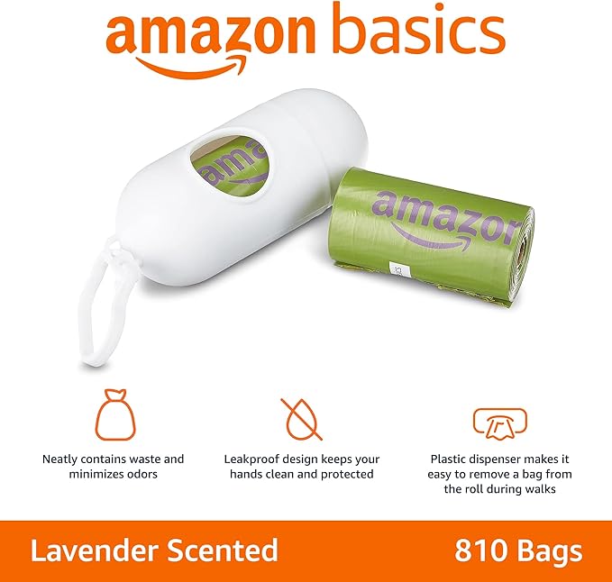 Amazon Basics Premium Leak Proof Dog Poop Bags with Dispenser and Leash Clip, Lavender Scented, 13" x 9", (Pack of 4860)