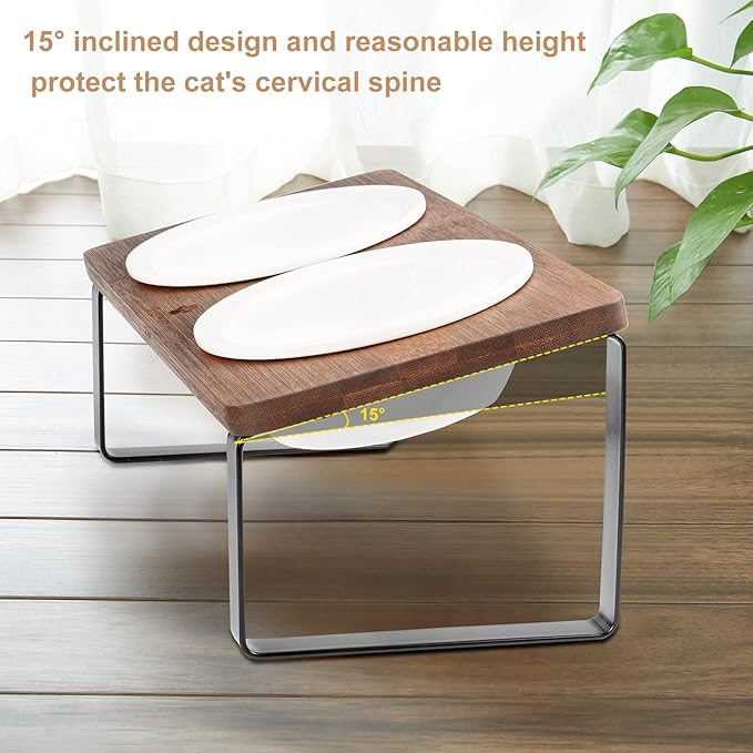 Sunhoo Ceramic Elevated Cat Bowls Raised Puppy Dishes for Food and Water Tilted Wooden Stand for Indoor Cats 5.5 inch Wide Double Dish Orthopedic Reduces Vomiting (Brown)