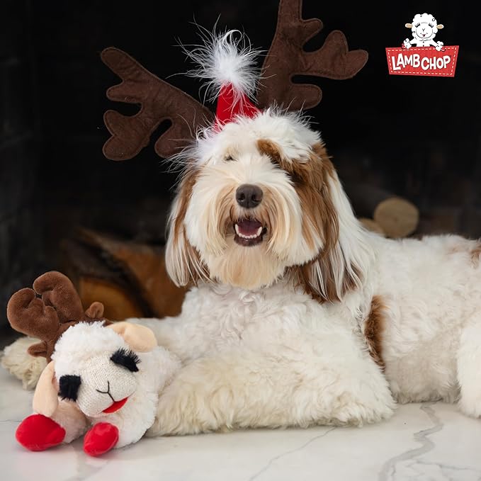 Multipet Lamb Chop Dog Plush Toy w/ Holiday Antlers - Squeaky Toy for All Dogs - Extra Soft Plush - Stuffed Animal for Cuddling & Playing (6”, Cream/Brown)