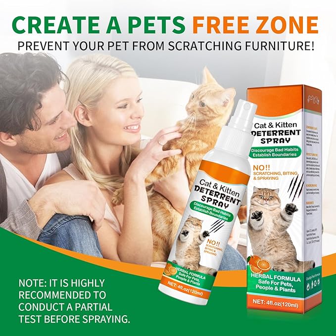 Cat Deterrent Spray for Indoor & Outdoor - Natural Repellent to Prevent Scratching & Urine Marking on Furniture, Sofas, Rugs, Curtains - Safe Cat Behavior Training Aid with Natural Ingredients 4 fl oz