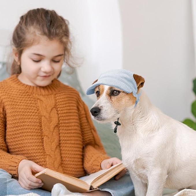Dog Baseball Cap, Dog Cat Summer Beach Visor Hat with Ear Holes, Adjustable Puppy Sunbonnet Headdress (Blue, Small)