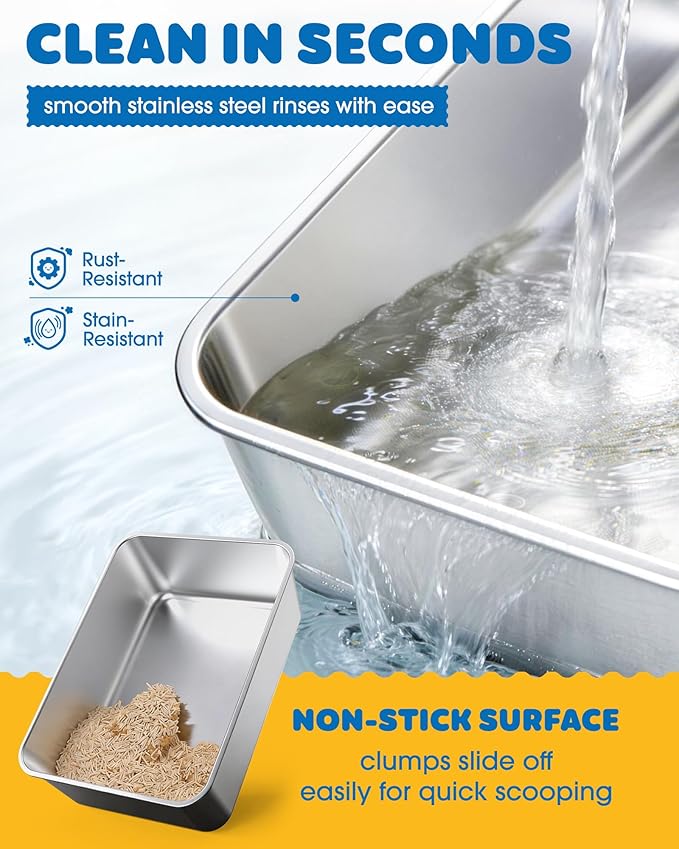 Stainless Steel Cat Litter Box, Metal Litter Box with Scoop, High- Sided, Anti-Leakage Top Entry, Non-Sticky, Easy to Clean, Grey, M (1 Pack)