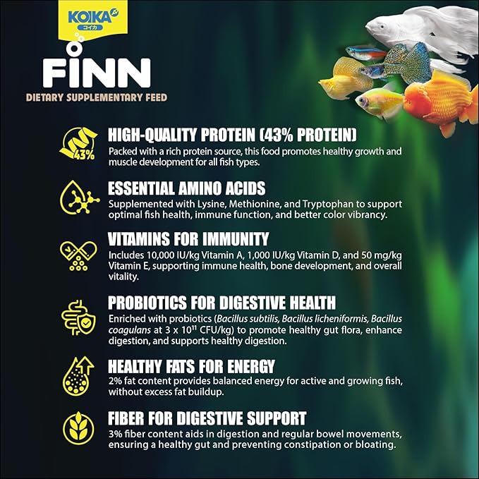 KOIKA FINN Probiotic Fish Food Pellets for Ornamental Fish, 43% Protein with Bacillus Probiotics, Supports Digestion and Immune Health for Daily Feeding (250g, Goldfish - 4.0mm Pellets)