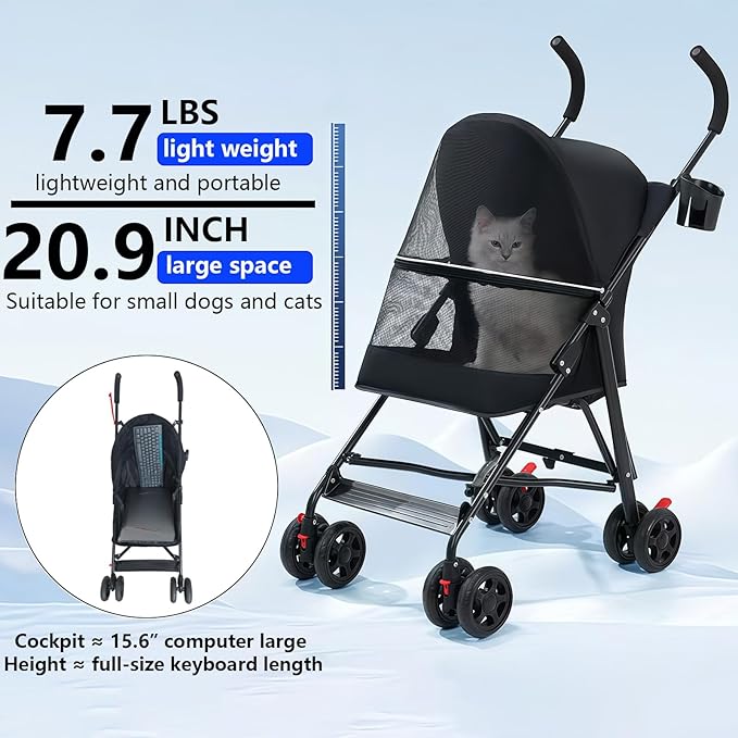Pet Stroller with Mesh Ventilation, Lightweight Foldable Design, Cup Holder, Black