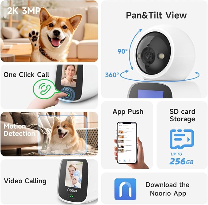 Noorio Two Way Video Calling Camera, 2K One Click Call Pet Camera Indoor with Phone App, 360° PTZ Dog Cam with Speaker, Color Night Vision Security Indoor Cameras, CL200 2Pcs