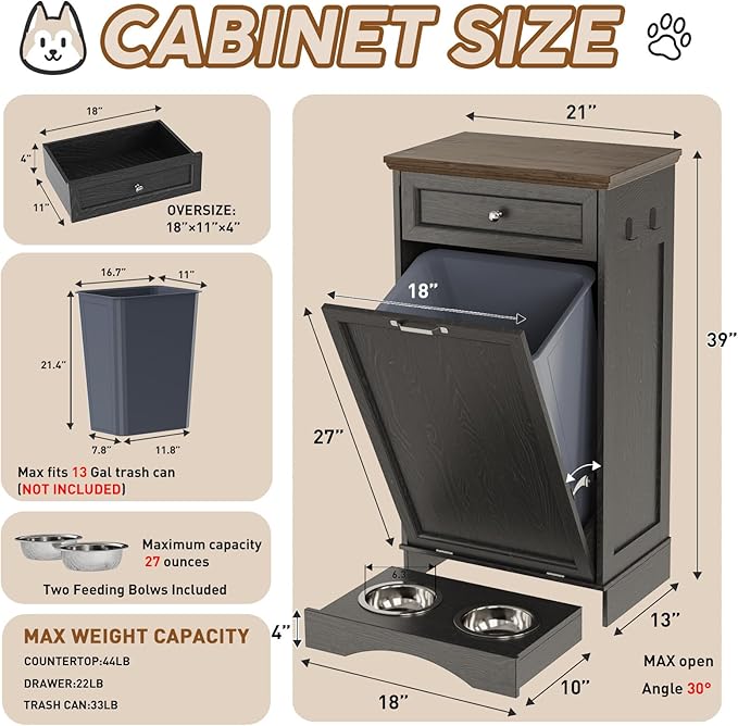 FIMELLO 13 Gallons Dog Feeding Station, Tilt-Out Dog Food Storage Cabinet with Drawer,Pet Feeder Cabinet,Black Oak