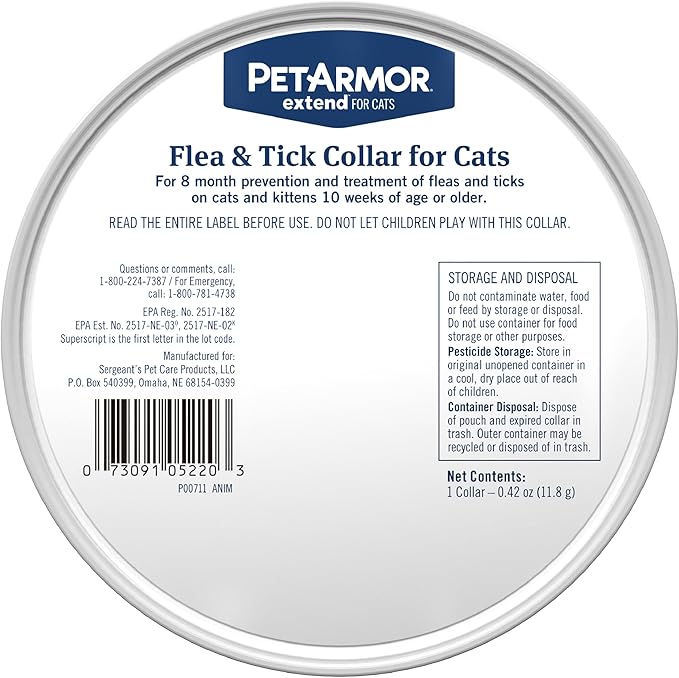 PetArmor Extend Flea & Tick Treatment & Prevention Collar for Cats, 8 Months of Protection, Waterproof, Kills Fleas, Ticks, and Flea Larvae, 1 Count
