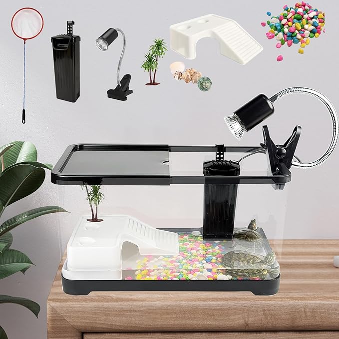 Turtle Tank Starter Kit, Upgraded Aquarium Fish Tank Kit with Filter,Fish Net, Reptile Habitat with Adjustable UV Lamp & Lid,Bask Platform for Crabs,Amphibians,Reptiles.(15.4" * 8.5" * 8.35")