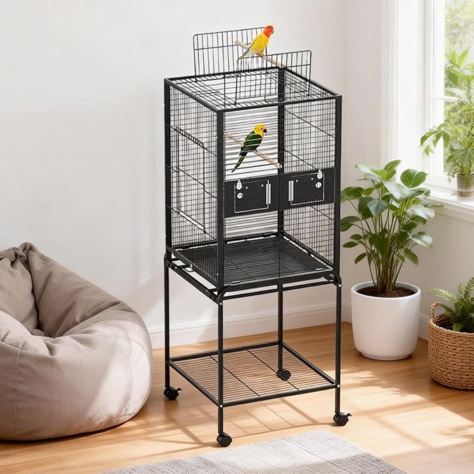 Bird Cage with Wheels, 63 Inch Bird Flight Cage, Wrought Iron Standing Large Parrot Parakeet Flight Birds Cages with Slide Out Tray Parrot Metal Parakeet Cages with Wooden Perches Black