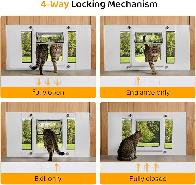 Cat Door for Window, Adjustable Width Fits 31"-36", Quick-Fit Cat Door Window Insert, Aluminum Frame with Tight Seal & Magnetic Closure, 4 Locking Modes for Pet Access Control