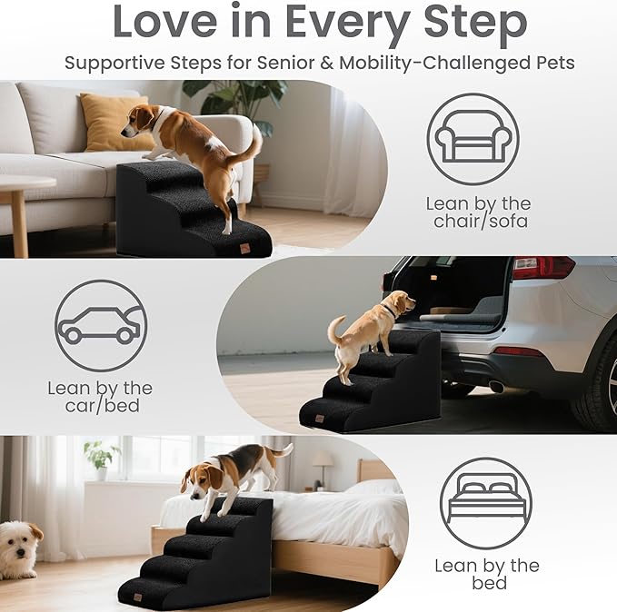 gogobunny Ramp Cat Dog Stairs for Beds, Cat Slope Stairs with Durable Waterproof Fabric Cover, Pet Steps for Old Large Dogs Climbing (Black, 5-Step (33" D x 15.7" W x 22.6" H), 5.0)
