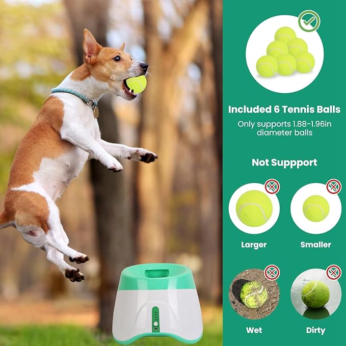 Dog Ball Thrower Launcher, Automatic Ball Launcher with 6 Tennis Balls for Small Medium Dogs, 3 Adjustable Distance Settings, Rechargeable Dog Toy Mental Stimulation Training Game for Energetic Dogs