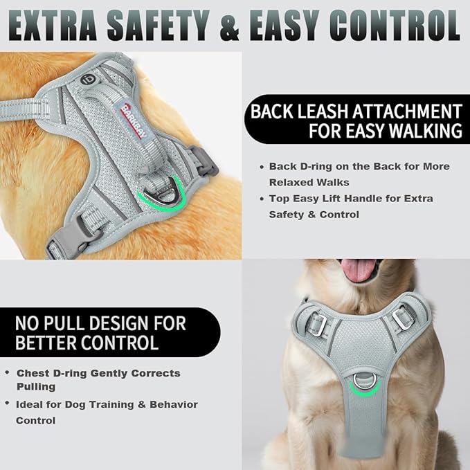 BARKBAY No Pull Dog Harness Large Reflective Dog Harness with Front Clip and Easy Control Handle for Walking Training Running with ID tag Pocket(Grey,XL)