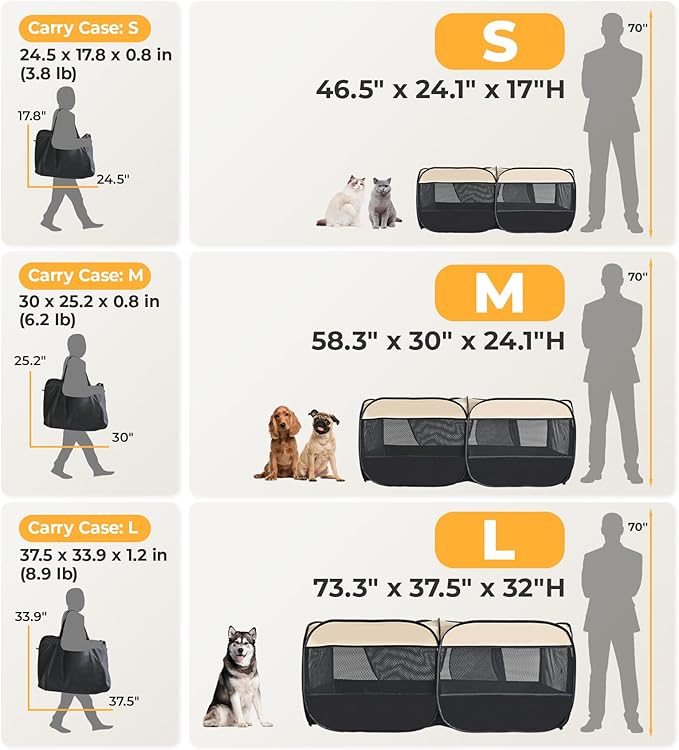 2-in-1 Pop Up Puppy Playpen, Detachable into 2 Separate Pens with Additional Doors, Assembly-Free Portable Cat Dog Crates Pet Pen Tent Kennel Kitten Enclosure Cage Indoor Outdoor Foldable Condo(L)