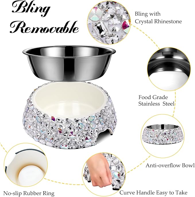 SlowVibes Diamond Stainless Steel Dog Bowls,Bling 7oz Detachable Metal Food Water Bowl for Feeding Dogs Cats,Rust Resistant Non-Slip Puppy Dish,Sparkle Essentials Fancy Dish for Small Girl Pets