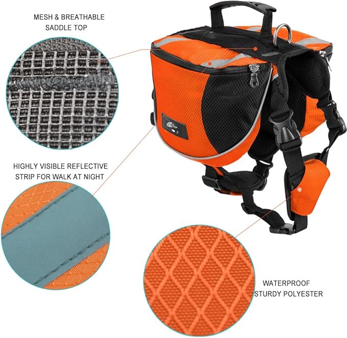 Polyester Dog Saddlebags Pack Hound Travel Camping Hiking Backpack Saddle Bag for Small Medium Large Dogs (Orange,M)
