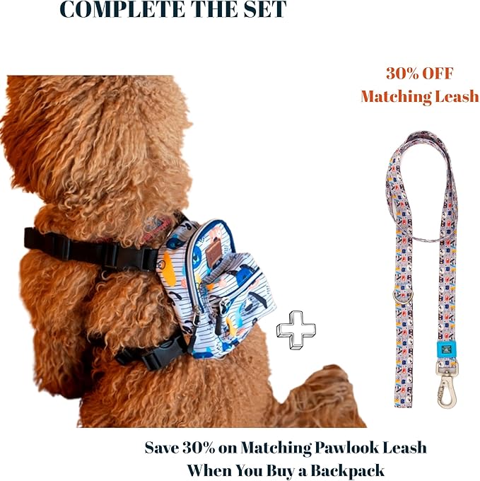 Pawlook Dog Backpack Harness – Street Smart | Waterproof, Adjustable, Breathable – Leash Attachment D-Rings, Poop Bag Pocket – Small & Medium Dogs – 8 Styles Woof Medium