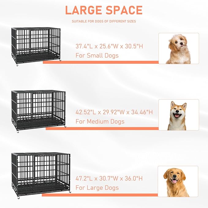 LEMBERI 38 inch Heavy Duty Indestructible Dog Crate, Escape Proof Dog Cage Kennel with Lockable Wheels,High Anxiety Double Door Dog Crate,Extra Large Crate Indoor for Large Dog with Removable Tray