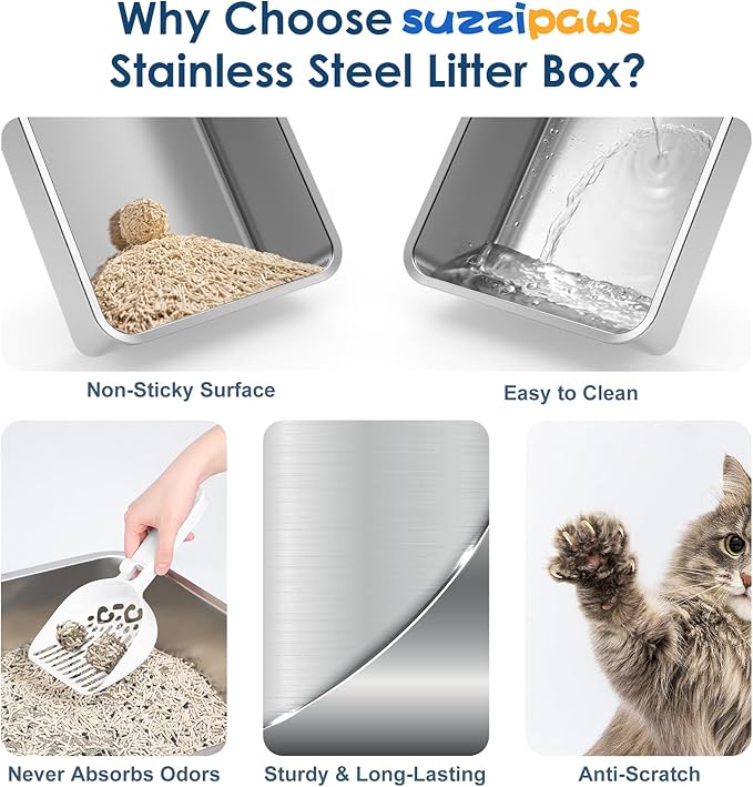 Extra Large Stainless Steel Litter Box with Lid, High Sides Enclosed Cat Litter Box for Big Cats & High Peeing, Anti-Leak & Odor Control Metal Litter Pan, Easy Clean Non-Stick Kitty Litter Box