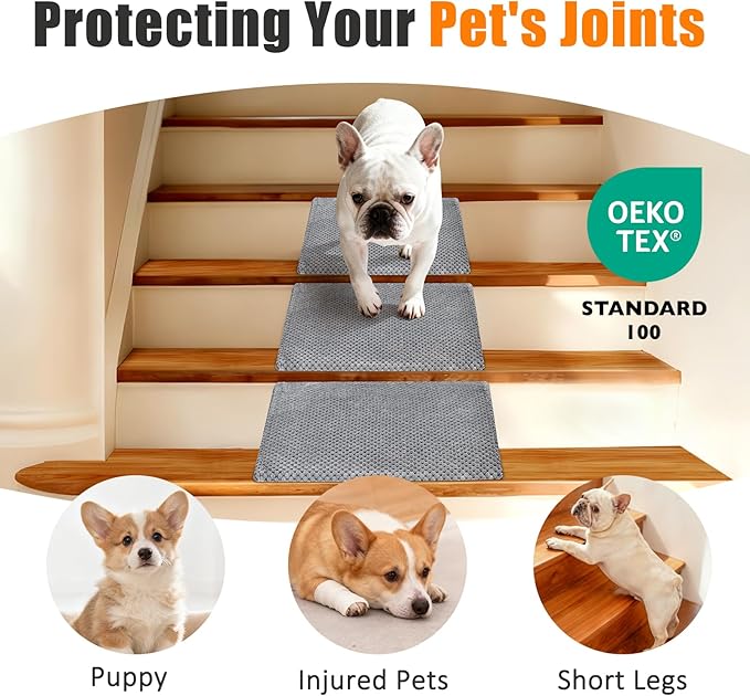 Dog Ramp for Stairs for Small & Senior Dogs and Cats – Non-Slip Stair Wedges for Dogs with Gentle Slope, Pet Ramp with Washable Cover & Self-Sticky Pads for Safe Climbing (Gray, 6 Pack)